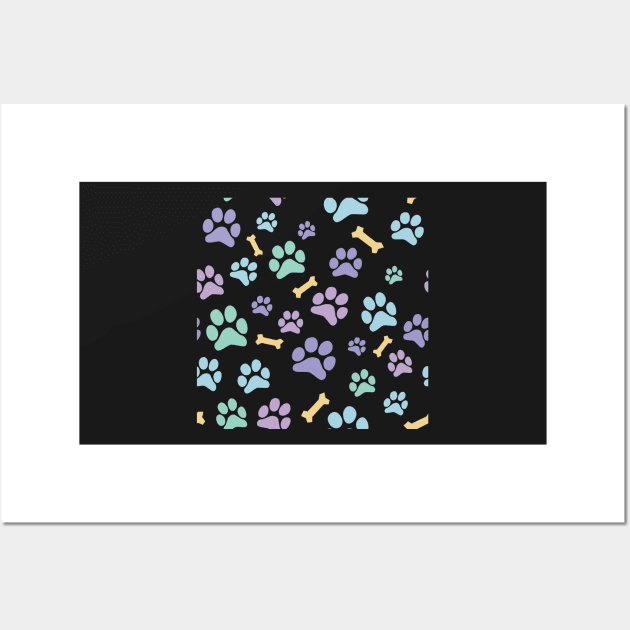 Dog Paw Prints and Bones Pastel on Dark Pink Pattern Wall Art by SubtleSplit